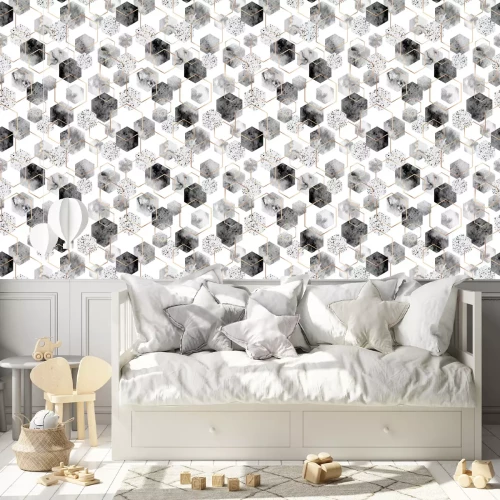 Behang Geometrisch patroon met aquarel elementen in grijs tinten