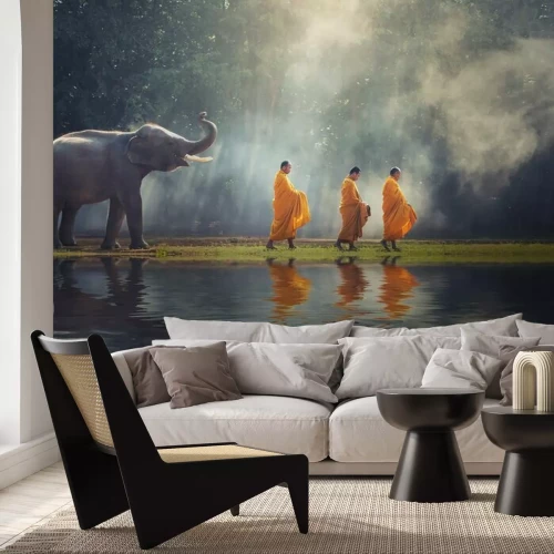 Fotobehang Olifant en drie monniken