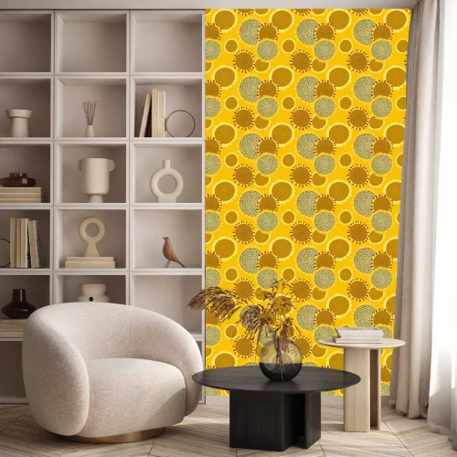 Behang Bright seamless pattern with sunflowers on a rich yellow background. Abstract floral print in hand-drawn style. Excellent design for fabrics, Wallpaper, sunflower oil packaging, health food...Vector.