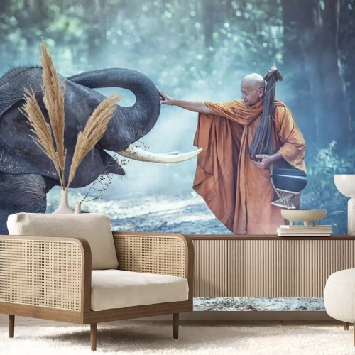 Fotobehang Olifant en een monnik