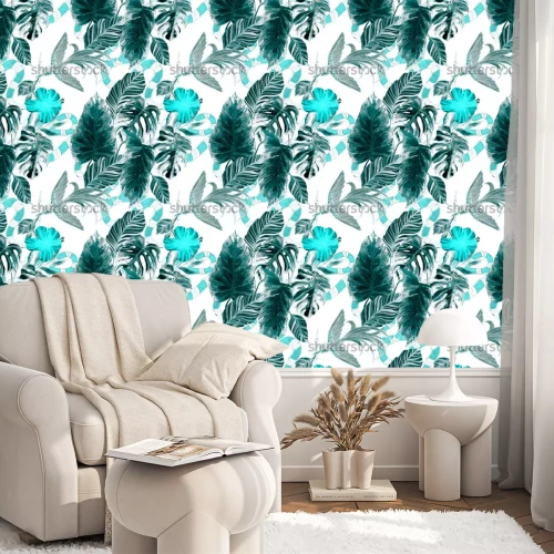 Behang Fashion print. Waterverf naadloos patroon met tropische bladeren, vogel, slang. Exotische achtergrond.