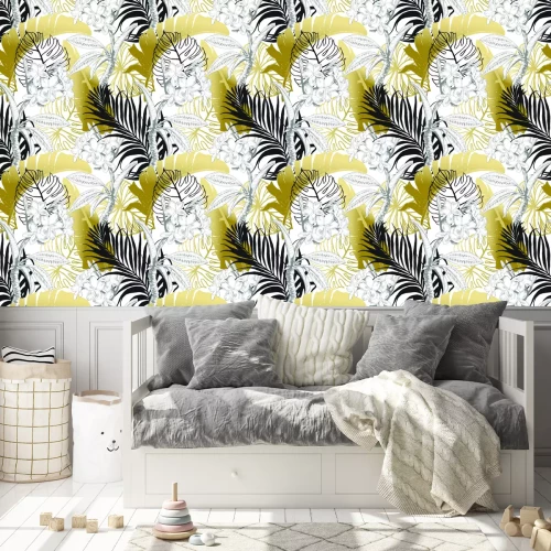 Behang Naadloos tropisch patroon. Bladeren palm tree illustratie. Moderne grafische vormgeving.