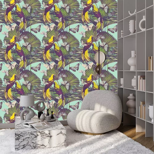 Behang Vogels en vlinders tussen de bladeren