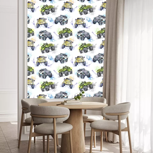 Behang Aquarel naadloze patroon Cartoon Monster Trucks. Kleurrijke Extreme Sports-achtergrond. 4x4. SUV van het voertuig Off Road. Lifestyle. De hobby van de mens.