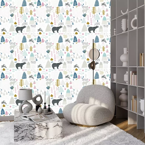 Behang Naadloos patroon met konijntje, ijsbeer, boselementen en hand getrokken vormen. Kinderachtige textuur. Geweldig voor stof, textiel Vector Illustratie