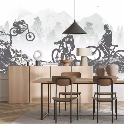 Fotobehang Fietsers op een bergroute monochrome illustratie