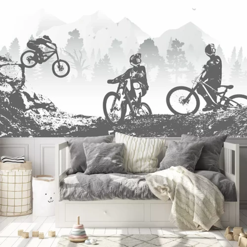 Fotobehang Fietsers op een bergroute monochrome illustratie