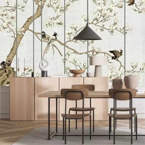 Fotobehang Vogels op de bloeiende magnolia takken