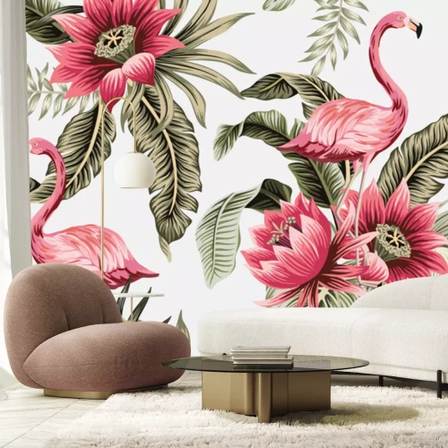Sticker Roze flamingo's tussen exotische vegetatie