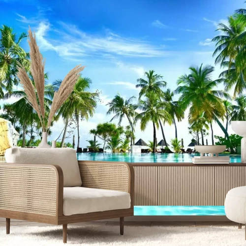 Fotobehang Palmbomen bij een zwembad