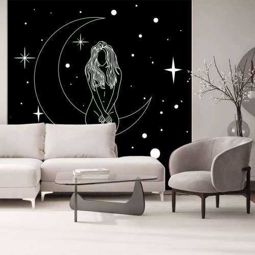 Sticker Naked woman sitting on the moon in trendy linear minimal style.