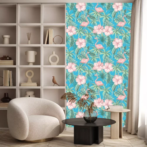 Behang Roze flamingo's en bloemen op een turquoise achtergrond