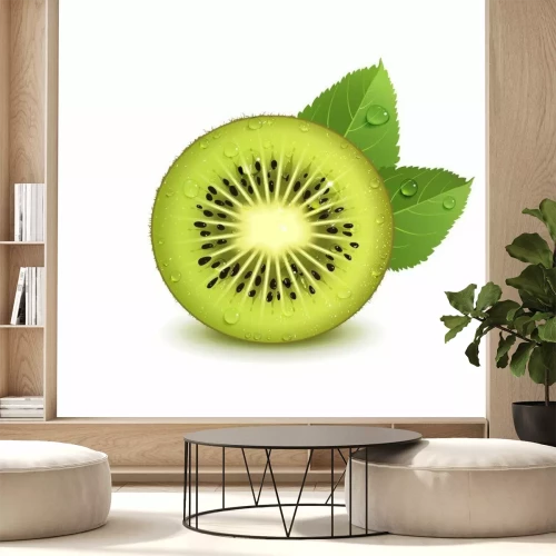 Sticker Juicy Kiwi Fruit with Green Leaves