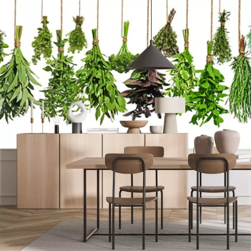 Fotobehang Hangende bosjes kruiden op een witte achtergrond