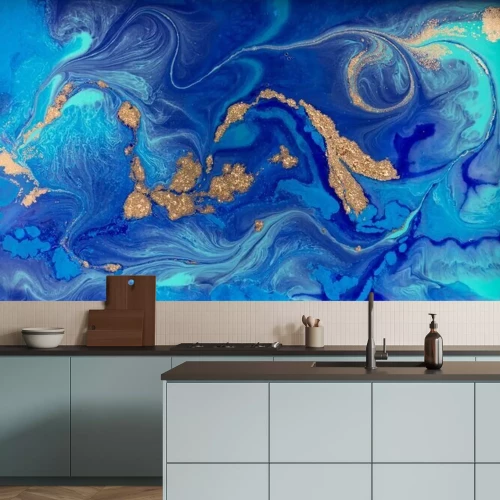 Fotobehang Vloeiend blauw geel marmer
