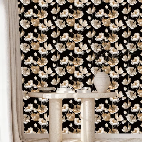 Behang Retro ontwerp met tulpen op zwarte achtergrond