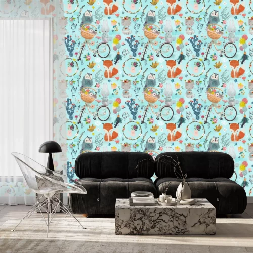 Behang Uilenvogels en pastelkleurige konijntjes