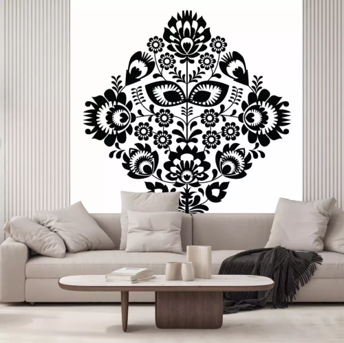 Sticker Folk borduren met bloemen - Poolse patroon monochroom