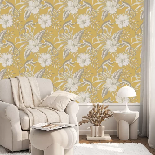 Behang Beige bloemen en apen op een gele vintage achtergrond