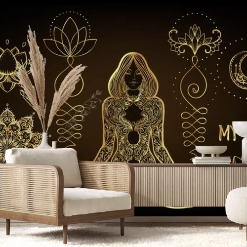 Sticker Vector ornamental Lotus flower, ethnic art, patterned Indian paisley. Hand drawn illustration isolated. Invitation. Golden stickers, flash temporary tattoo, mehndi symbol. Gold gradient over black.