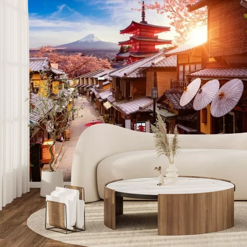 Fotobehang Een Japanse stad met een berg op de achtergrond