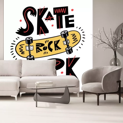 Sticker Yellow skateboard vector illustration. Skate Rock Park Phrase.