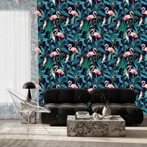 Behang Seamless pattern with jungle trees, flamingo and parrots. Vector.