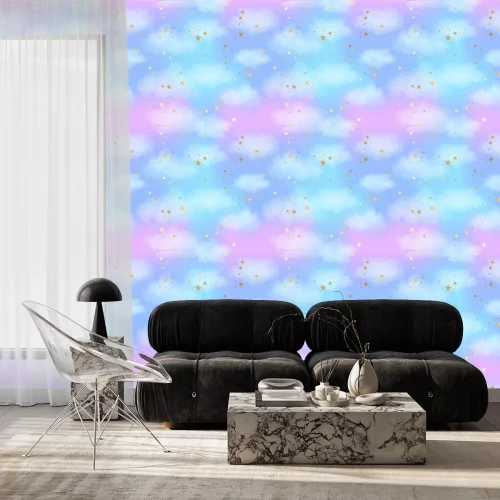 Behang Seamless bright blue and lilac sky pattern with gold constellations, stars and watercolor clouds