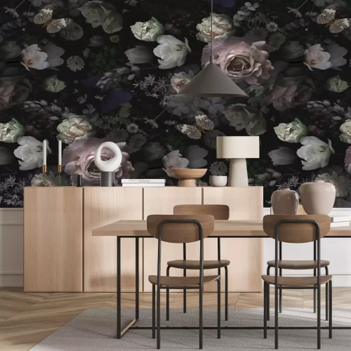 Fotobehang Bloemenpatroon met rozen in retrostijl