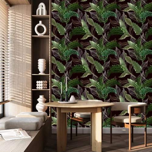 Behang Seamless pattern with tropical leaves on black background. Vector.