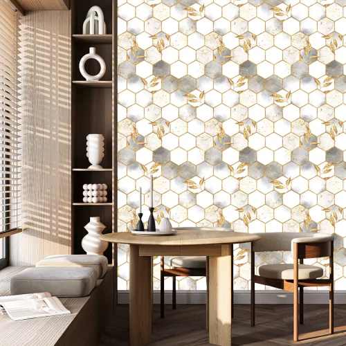 Behang Marble hexagon seamless texture with golden leaves. Abstract background