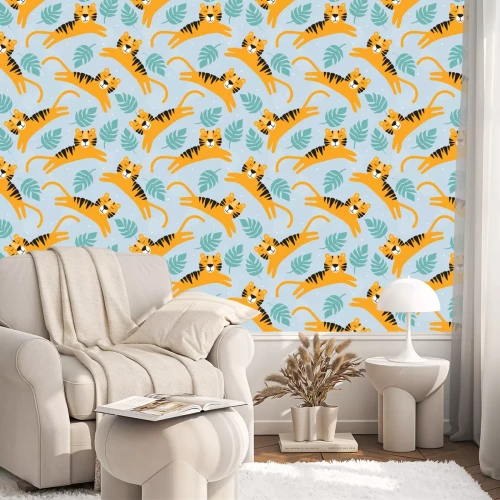 Behang Tigers, leaves, hand drawn backdrop. Colorful seamless pattern with animals. Decorative cute wallpaper, good for printing. Overlapping background vector. Design illustration