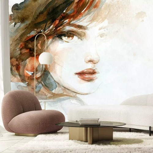 Fotobehang Portret van een vrouw geschilderd in waterverf