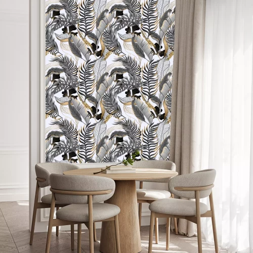 Behang Seamless pattern with black and white tropical leaves and golden elements. Vector.