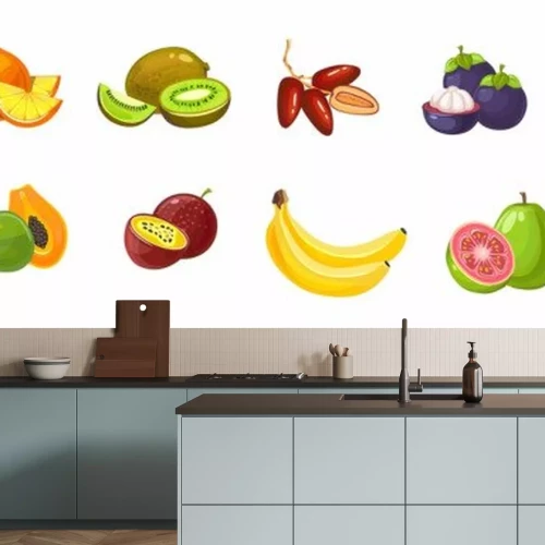 Sticker Cartoon tropical exotic fruits set on white background vector illustration. Juicy collection of lemon orange banana kiwi and fig flat style design. Bright tasty vitamins concept