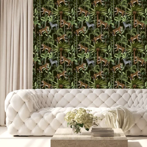 Behang Zebra's en tijgers op een achtergrond van tropische planten