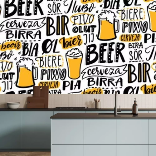 Sticker Beer text pattern. Word beer in different languages. Italian birra, spanish cerveza, macedonian pivo, german bier. Hand lettering seamless texture for pubs, menu and placemats.