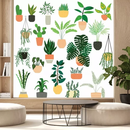 Sticker Collection of hand drawn indoor house plants on white background. Collection of potted plants. Colorful flat vector illustration