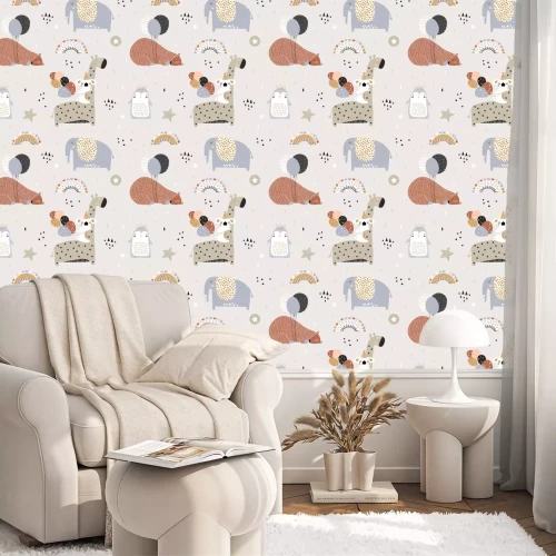 Behang Seamless childish pattern with party animals . Creative scandinavian kids texture for fabric, wrapping, textile, wallpaper, apparel. Vector illustration