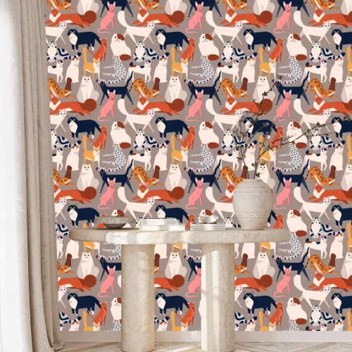 Behang Seamless colored pattern with different cat breeds flat illustration. Creative decorative background with various pet vector isolated on gray. Funny cute domestic animal