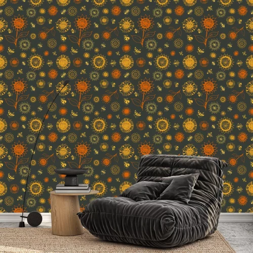 Behang Sunflowers and bees seamless pattern contour vector illustration hand drawing