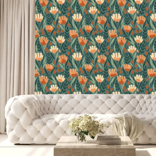 Behang Oranje bloemen op een groene achtergrond