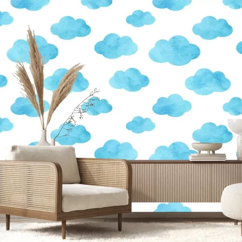 Sticker Blauwe aquarel wolken op witte achtergrond