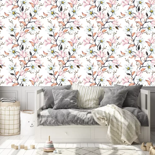 Behang Seamless pattern with magnolias. Floral illustration on a white background. Hand drawing, watercolor.  Design wallpaper, fabric and packaging