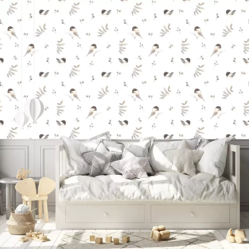 Behang Chickadee birds, leaves and berries on seamless pattern, vector light illustration on white background for textile, wrapping paper and print in vintage watercolor style.