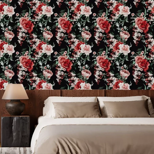 Behang Seamless floral pattern with flowers on dark background, watercolor. Template design for textiles, interior, clothes, wallpaper. Botanical art