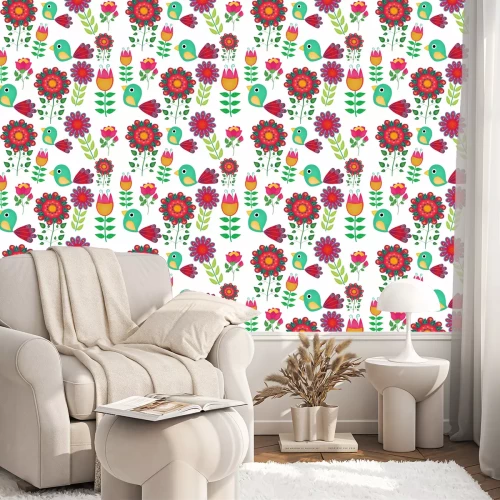 Behang Kleurrijke siervogels en bloemen