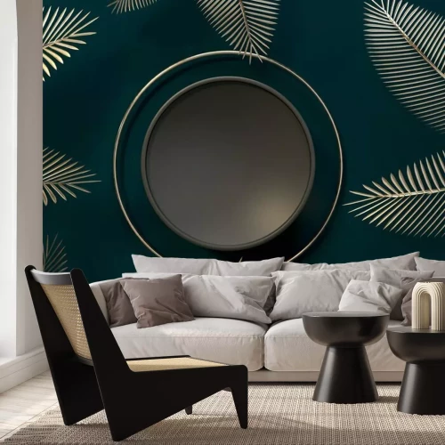 Fotobehang Palm trees leaves. Topical juicy paper cut creative. 3d render illustration. Blank space for brand promotion product. Creative dark background for advertising presentation. Empty base mockup