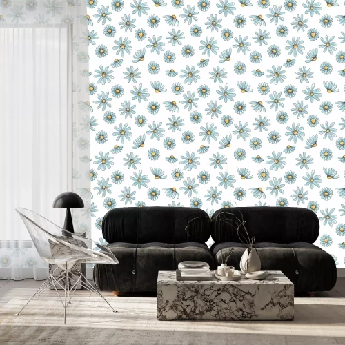 Behang Blauwe geschilderde madeliefjes