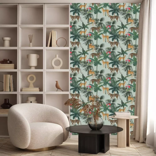 Behang Tropical seamless pattern with palm trees, parrots and leopards. Summer jungle background. Vintage vector illustration. Rainforest landscape